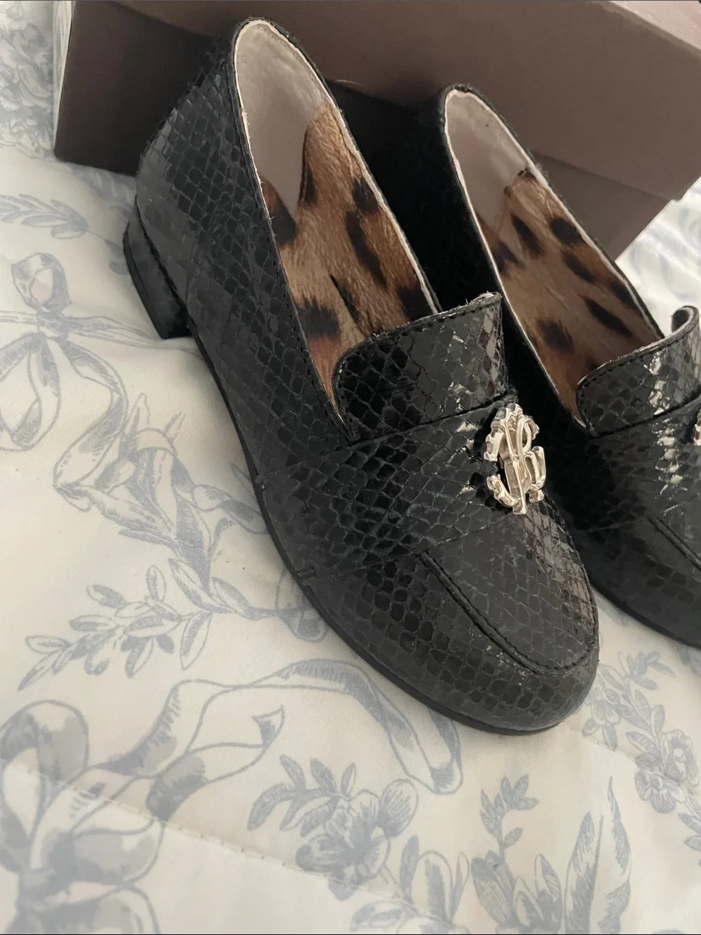Roberto Cavalli Black Snake Pc Nero Loafers with Silver Logo Hardware